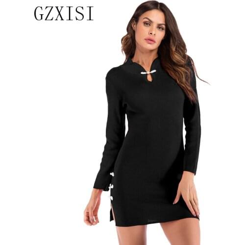 Winter dresses women clothes 2018 female red party dress mini long sleeve chinese style sheath solid ladies black shirt dress