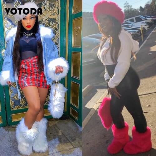 Winter Women Fox Fur Snow Boots Bag Headband Set Fluffy Faux Fur Botas Mujer Luxury Furry Plush Boots Ladies Warm Fox Fur Shoes