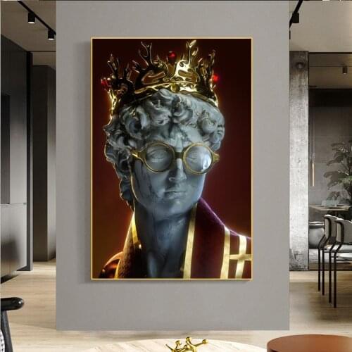 Golden Sculpture Art Canvas Paintings David Statue with Crown Posters and Prints Cuadros Wall Art Pictures for Home Decoration