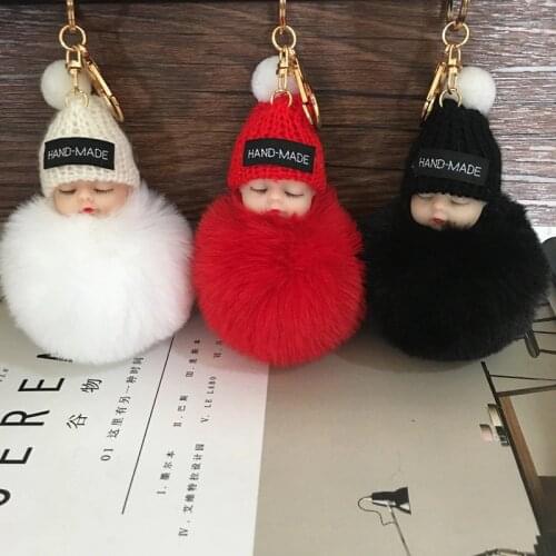 2019 Cartoon Doll Hairball Keychain Plush Handbag Car Keyring Women Key Buckle Plush Keychains 30 colors