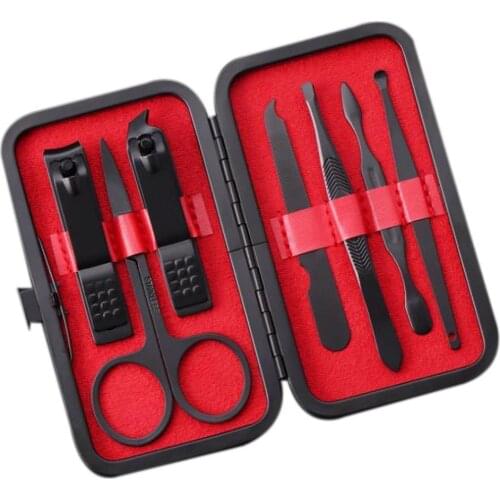 7pcs/set Black Steel Nail Trimmer Ear Pick Toe Pedicure Kit Set Manicure Art Set Kits Nail Tools A6G6