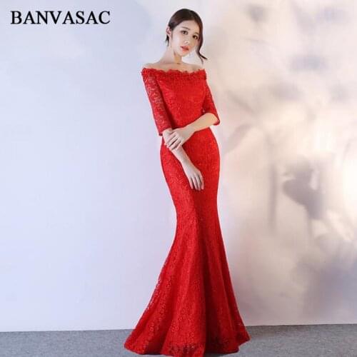 BANVASAC 2018 Boat Neck Lace Embroidery Mermaid Long Evening Dresses Party Half Sleeve Pearls Backless Prom Gowns