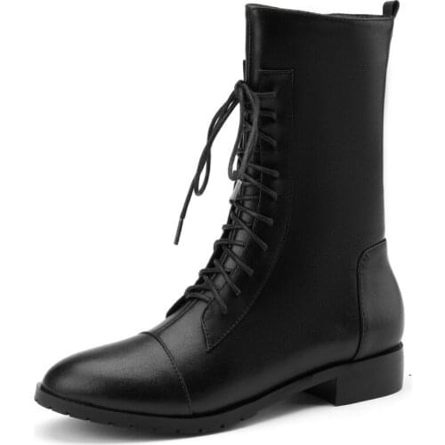 Genuine Leather Ankle Boots Women New 2020 Winter Short Boots Fashion Lace-up Black White Boots Ladies Shoes Large size 46 48