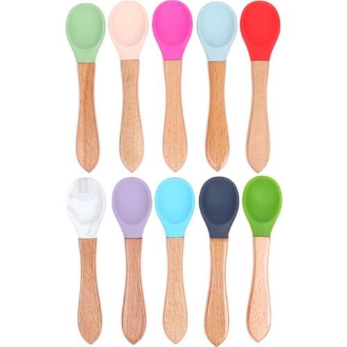 Baby Soft Silicone Spoon Candy Color Safety Baby Learning Wood Spoon Non-Slip Spoon Children Kids Boy Girl Food Feeding Tools