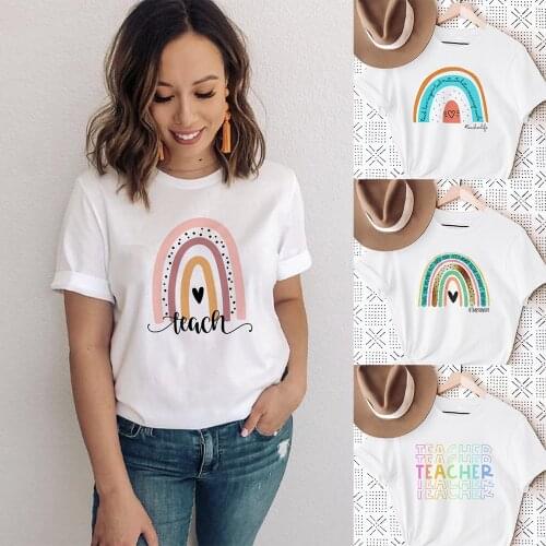 Teach Love Rainbow Print White T-shirt Teacher Life Short Sleeve Harajuku Aesthetic Women Quotes Gift Graphic T Shirts Clothes