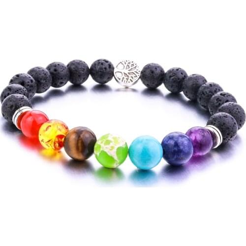 8mm Lava Stone Tree Of Life 7 Chakra Healing Balance Beads Reiki Buddha Prayer Essential Oil Diffuser Bracelet Jewelry