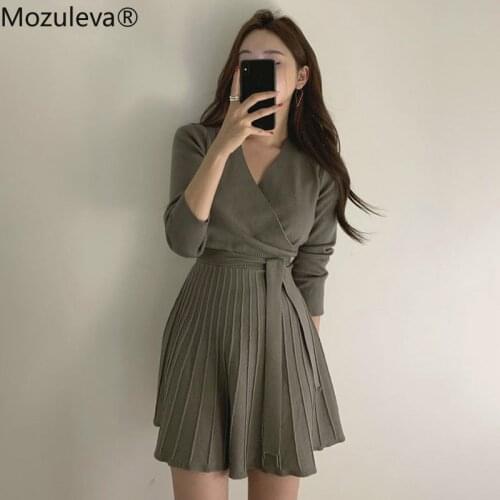 Mozuleva Stylish V-neck Lace Up Knitted Dress Women Full Sleeve Office Ladies A Line Sweater Dress Female Knitting Vestidos