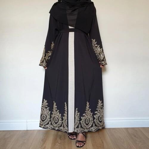 Muslim Womans Dress Gold Appliques Muslim Fashion Ramadan Cardigan Robe Dubai Abaya Middle East Arab Long Dress Belt Donsignet