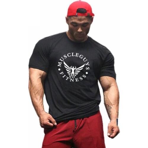 Muscleguys Mens Short Sleeve T Shirt Gyms clothing slim fit t shirt homme fitness tshirt men Cotton Bodybuilding Summer tops
