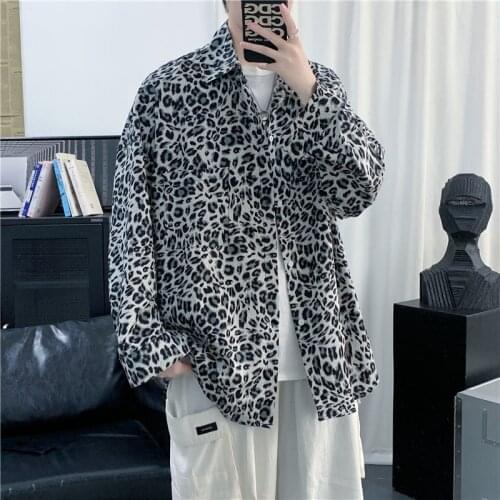 2021 Mens Leopard Printing Loose Casual Shirts Fashion Trend Camisa Masculina Streetwear Clothes White/yellow Color Shirts