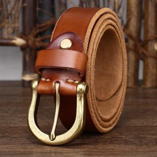 Classic Retro Style Pure Copper Horseshoe Buckle No Interlayer Thicken Cowhide Mens Belt 100% Genuine Leather Jeans Soft Belt