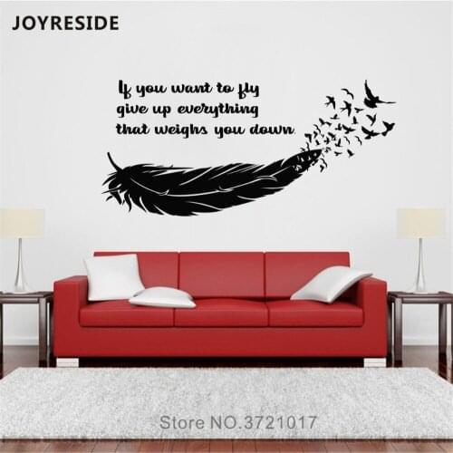 JOYRESIDE Feather Flying Birds Wall Decal If You Want To Fly Quote Wall Sticker Vinyl Decor Home Room Decor Interior DesignA1057