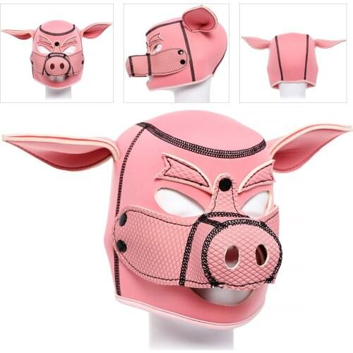 2021 New Piggy Play Pink Pig Hood Mask Slave Full Head With Ears Bondage Neoprene Headgear Party Sex Mask Pet Role Play Sex Toys