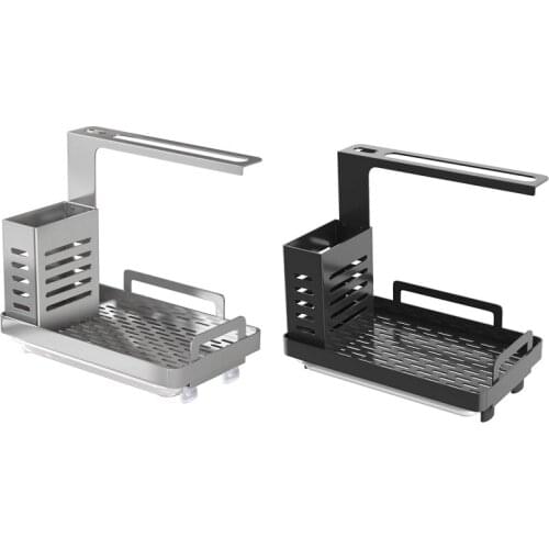 Kitchen Sink Caddy Organizer Sponge Soap Scrubbers Holder with Rain Pan Tray Adhesive and Use Dish Brush Holder