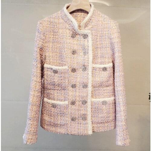 ZAWFL New Women 2020 Fashion Double Breasted Tweed Blazer Coat Vintage Long Sleeve Pockets Female Outerwear Chic Tops