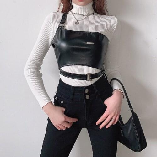 Sexy PU Hollow Cutout Vest Stylish Wild One Shoulder Metal Buckles Asymmetric Slim Cropped Tank Tops for Women Ladies