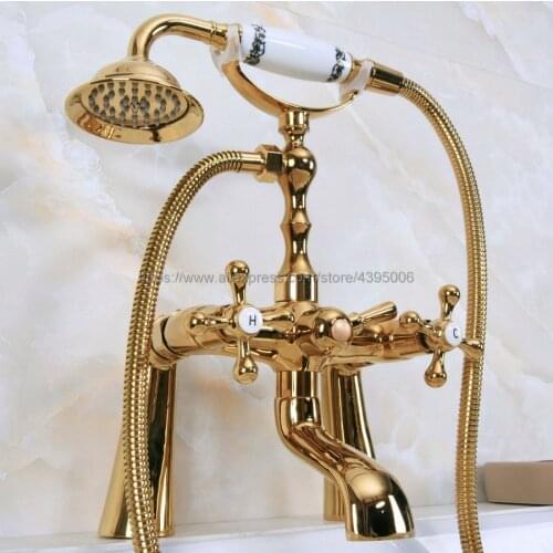 Polished Golden Brass Deck Mount Bathtub Faucet Set Dual Handle with Hand Shower Swivel Tub Spout Bna150