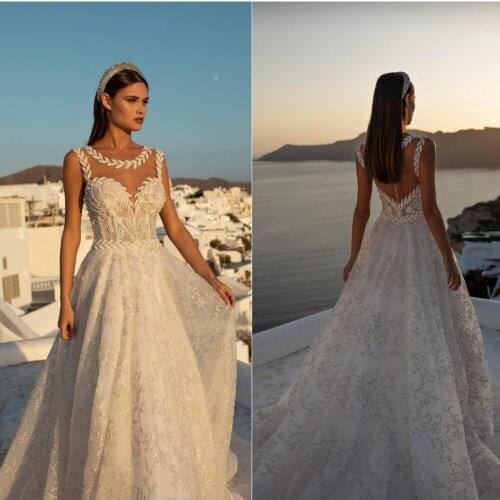 2020 A Line Wedding Dresses O-Neck Sleeveless Lace Appliques Sequin Bridal Gowns Button Back Sweep Train Wedding Dress