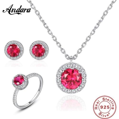 Jewelry Sets 925 Sterling Silver Fashion Lucky Gem Red Round Stone Necklace Earrings Ring Jewelry Set For Women Jewelry Gift