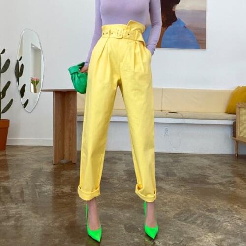 Korean Summer Wide Leg Pants High Waist Loose Belted Yellow Solid Straight Trousers Streetpants Women Fall Pocket Black Pantalon