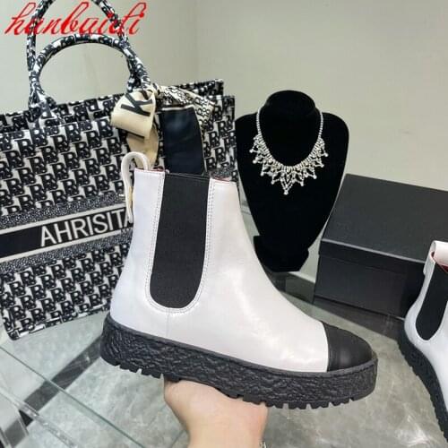 Autumn Women Casual Shoes Fashion Chelsea Short Genuine Leather Boots Punk Style Mid Calf Boots Slip On Vulcanized Shoes