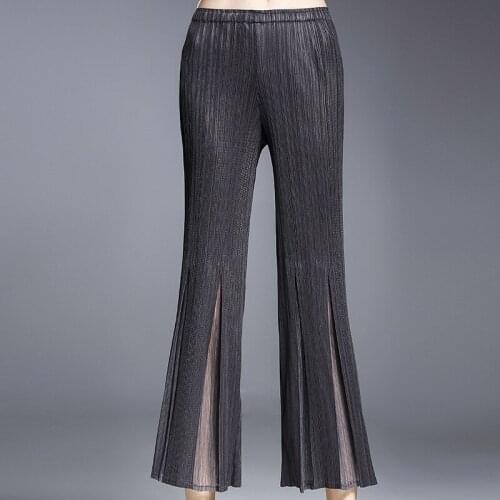 Miyake pleated casual cropped womens trousers 2021 autumn high-waisted wide-leg split stitching pants for woman