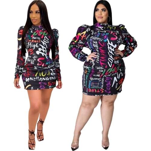 Plus Size Sexy Sheath Short Dress Women Fashion Letter Printed Bodycon Dresses Long Sleeve Back Zipper Turtleneck Dress S-5XL