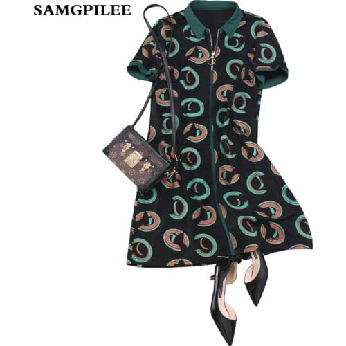 2020 New Fashion Casual A-line Print Short Sleeve Appliques Knee-length Turn-down Collar Summer Women Dress Plus Size