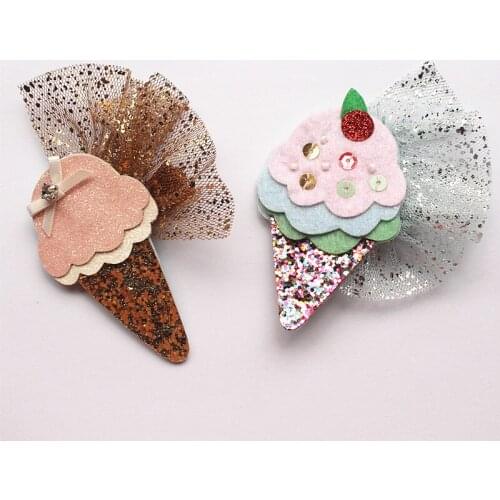 20pc/lot Fruit Shape Modish Girls Glitter Felt Hair Clip Icecream Glitter Sequin Kids Gold Gauze Hairpin Shinning Elegant Bows