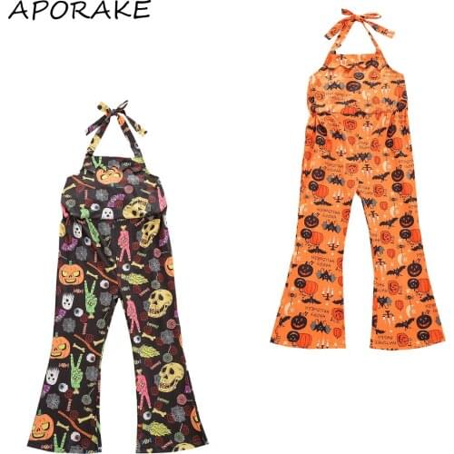 2021 1-6Y Infant Halloween Halter Overalls Baby Girl Sleeveless Tie-up Cartoon Pumpkin Print Suspender Flare Pants