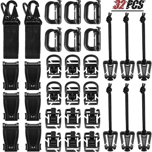 32Pcs Military Backpack Buckle D-Ring Grimloc Locking Rotation Clips Buckle Tactical Water Tube Clip EDC Molle Webbing Key Ring