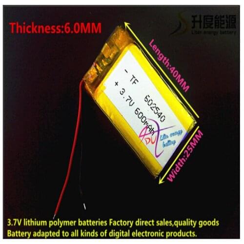 Free delivery 3.7V,600mAH,[602540] Polymer lithium ion / Li-ion battery for DVR RECORD,MP3,MP4,TOY,GPS,SMART WATCH,SPORT CAMERA