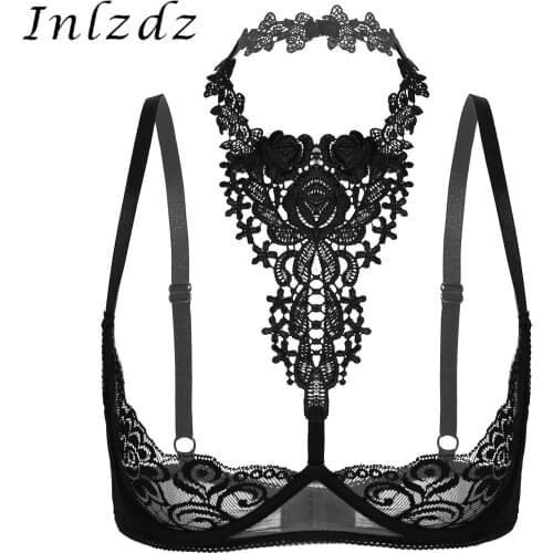 Womens Sexy Lace Lingerie Bra Top for Sex See-through Floral Lace Underwired Unlined Hot Bra Top Halter Bare Breast Underwear