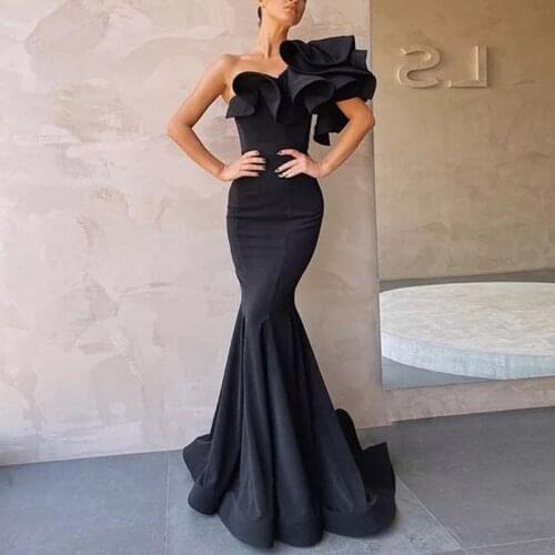 Black Mermaid Prom Dresses 2021 One Shoulder Ruffles Simple Party Evening Gown For Women Satin Floor Length Cheap Custom Made