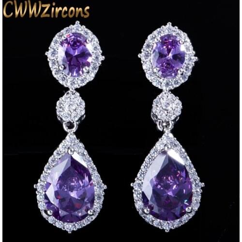 CWWZircons Brand 7 Color Options Brilliant White Gold Color Fashion Water Drop Purple CZ Crystal Earrings with Zirconia CZ370