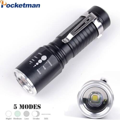 Powerful Zoomable XM-L T6 Flashlight 8000Lumens 5 Modes Waterproof Torch Tactical Flashlight Aluminum 18650 or AAA Battery