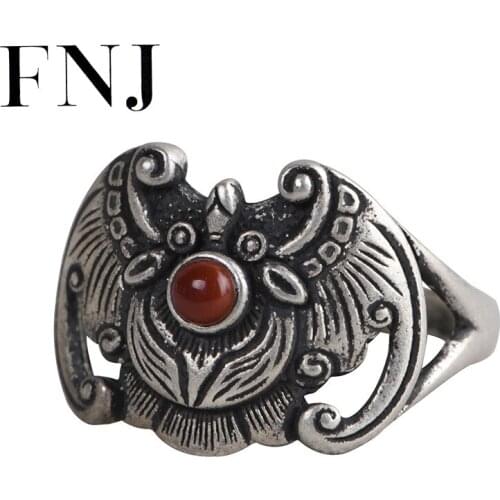 FNJ Animal Bat Ring 925 Silver Adjustable Size 100% Original Real S925 Solid Silver Rings for Women Jewelry Red Agate