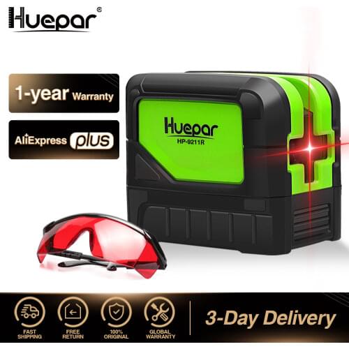 Huepar 2 line Red Cross Line Laser Level 2 Dots Self-leveling Vertical Horizontal Lasers 2pcs Magnetic Bases + Red Laser Glasses