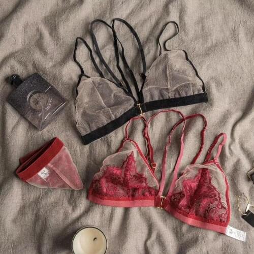 Wriufred Mesh embroidery sexy lingerie set ultra-thin perspective underwear wireless comfortable seamless bra sets plus size