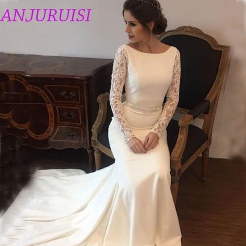 ANJURUISI lace long sleeves Wedding Dresses 2020 Soft Satin Bridal Gowns Mermaid vestido de noiva sheer beach wedding guest
