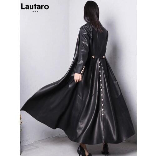 Lautaro Autumn Long Skirted Red Black Leather Trench Coat for Women Double Breasted Plus Size Elegant Luxury Fashion 5xl 6xl 7xl