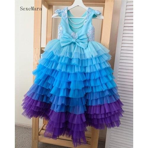 Tiered Puffy Flower Girls Dresses Tulle Lace Long Girl Dress Party Christmas Dress Children Princess Costume For Kids