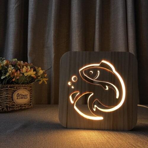 Animal Fish Modeling Led 3d Wooen Night Lights Hollow Out Carving Creative Table Lamp for Kids Gift Room Home Decoration