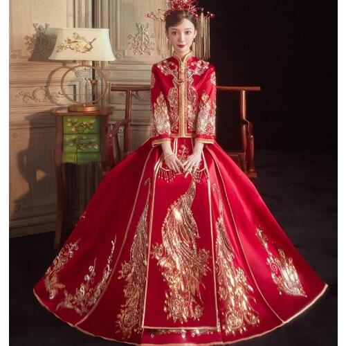 Chinese Style Luxury Banquet Elegant Bride Traditional Wedding Dragon Phoenix Embroidery Cheongsam Dress китайская одежда