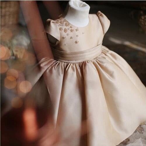 Champagne satin beads baby girl baptism gowns christening dress short sleeves little kids first birthday dress for girls