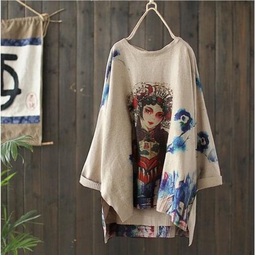 Loose Style Pullovers Harajuku National Knitted Sweater Women Drama Character Printing Pattern Irregular Pull Sueter Mujer 2019