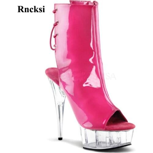 Rncksi Women Peep Toe Fashion Boots Pole Dance Sexy 15cm High Heels PU Leather Shoes/Platform Lady Party Lace Up Ankle Boots