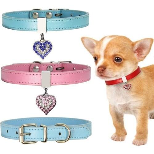 Bling Dog Collar Rhinestone Leather Puppy Collar Cute Cat Collar 0.5" Width Heart Pendant Pet Collars For Small Dogs/Cats
