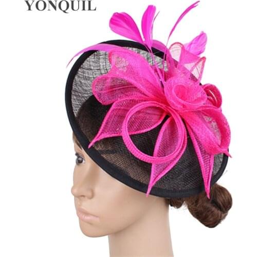 Hot Pink And Red Sinamay Hats Feather Flower Fascinators For Party Headwear Bridal Hair Accessories Wedding Cocktail Hat SYF205
