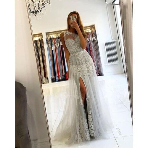 SuperKimJo Robe De Soirée Femme One Shoulder Silver Prom Dresses Long Lace Applique Beaded Cheap Prom Gown Abendkleider 2021